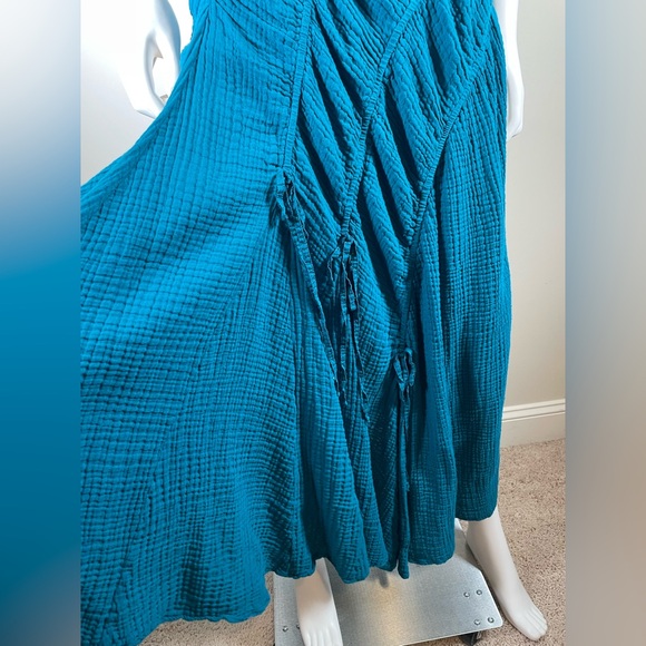 Free People Blurred Lines Midi Dress Blue Dark Teal Sz M 100% Cotton Gauze Sexy - Picture 7 of 15